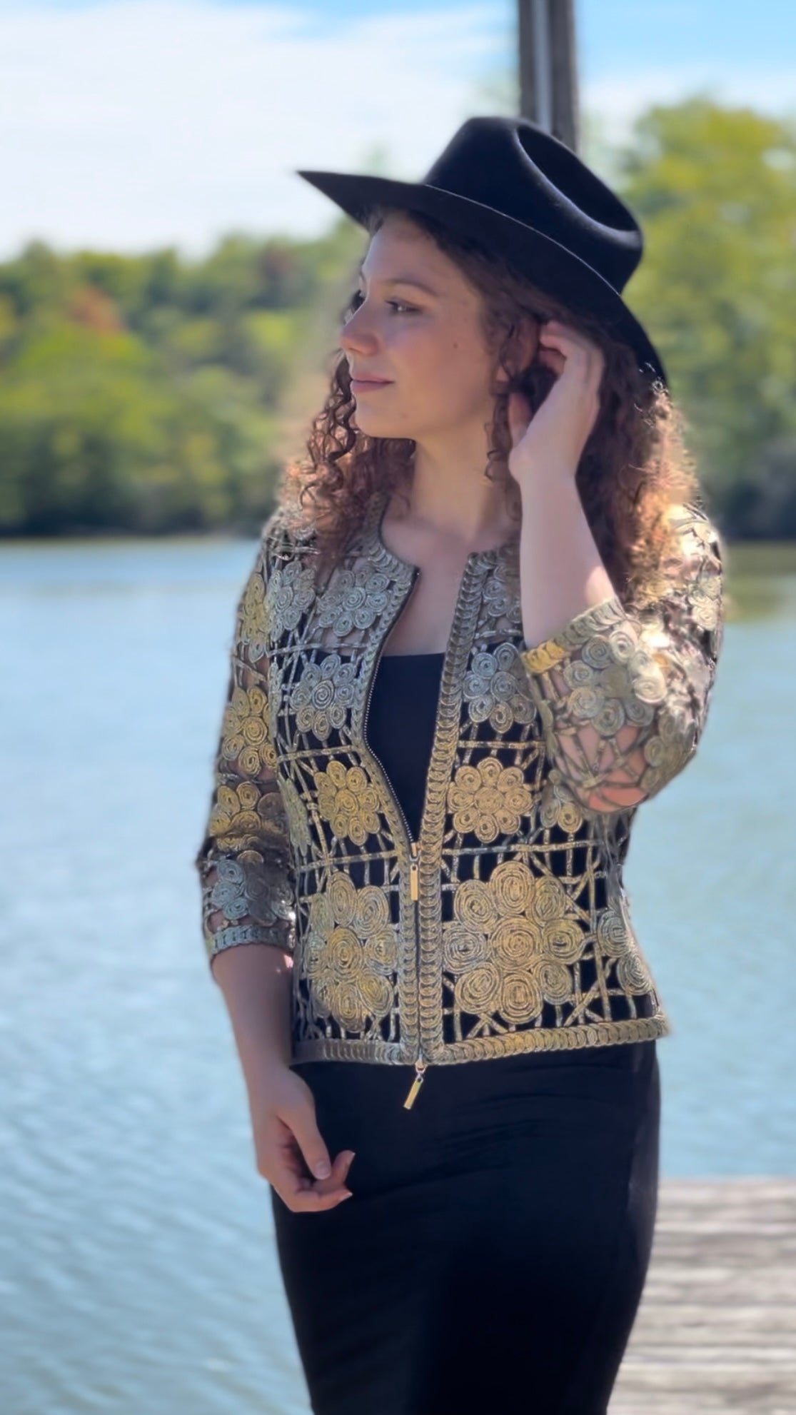 Soutache Gold foil print Bomber Jacket (Gold/Army Green)