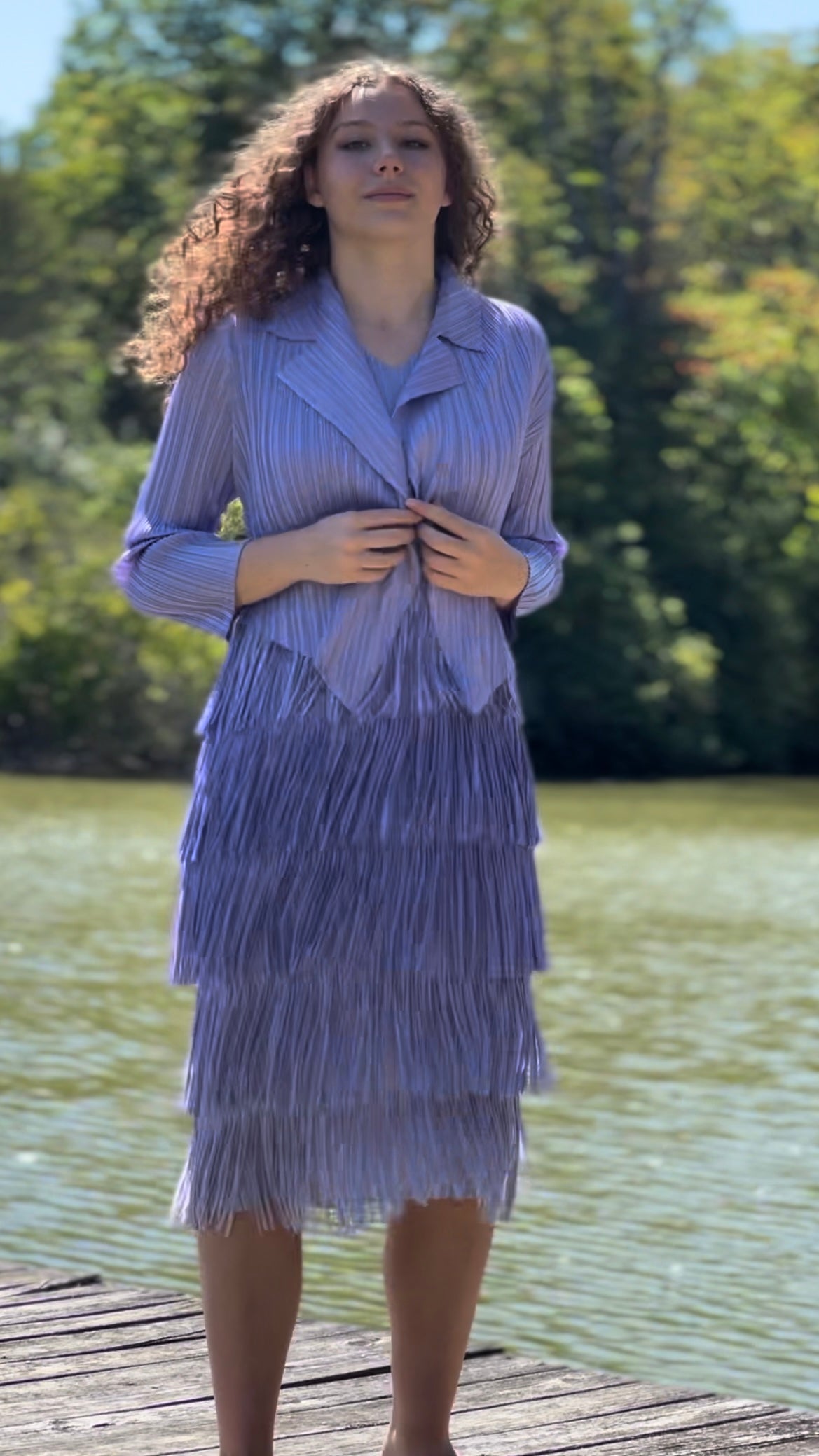 Pleating with fringe Dress set - Tiedye effect (Purple)