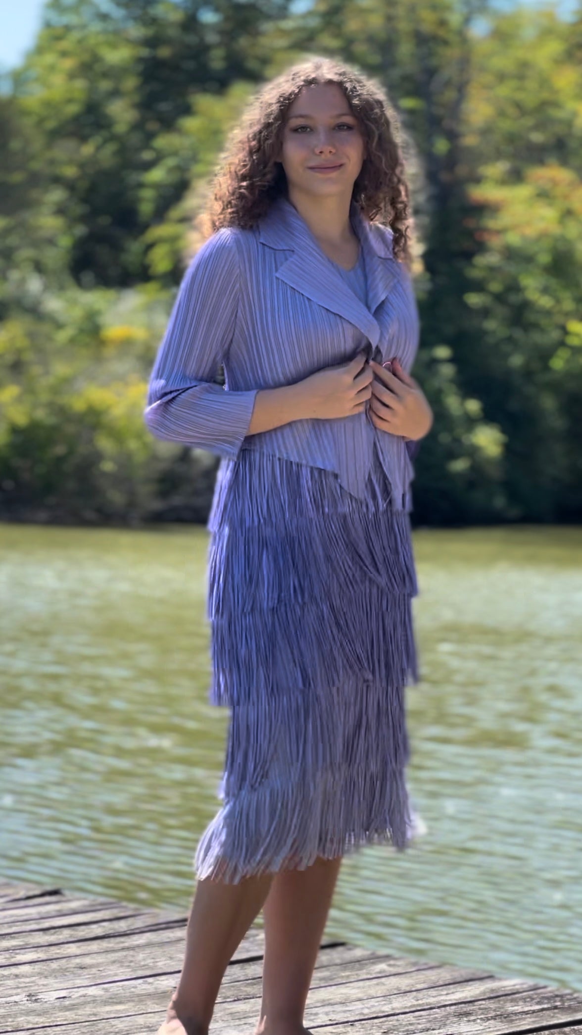 Pleating with fringe Dress set - Tiedye effect (Purple)