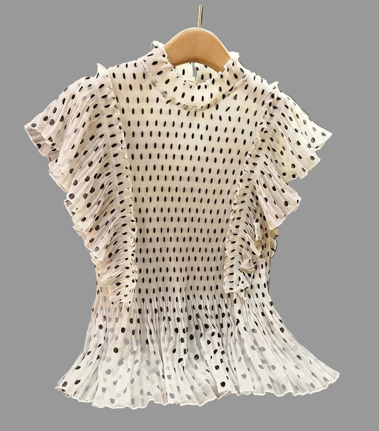 Pleating Ruffle Polka dot Top - White