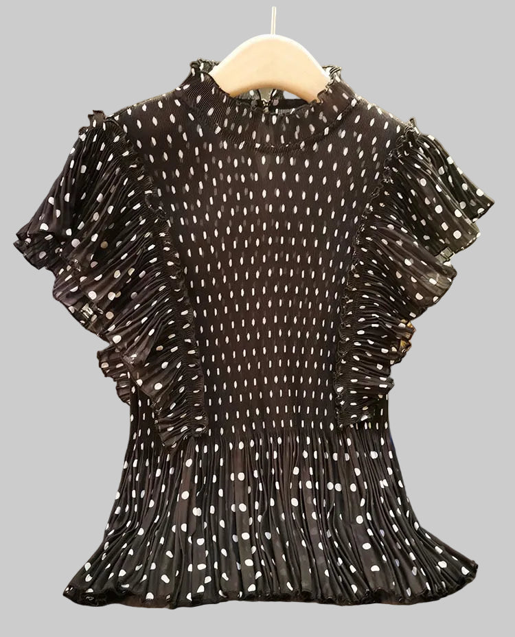 Pleating Ruffle Polka dot Top - Black