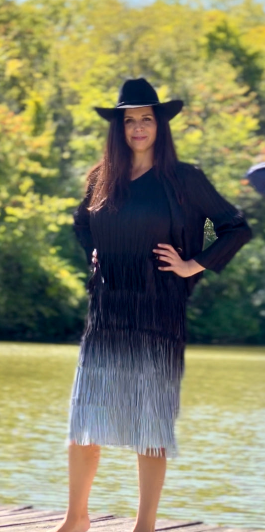 Pleating with fringe Dress set - Tiedye effect (Black)