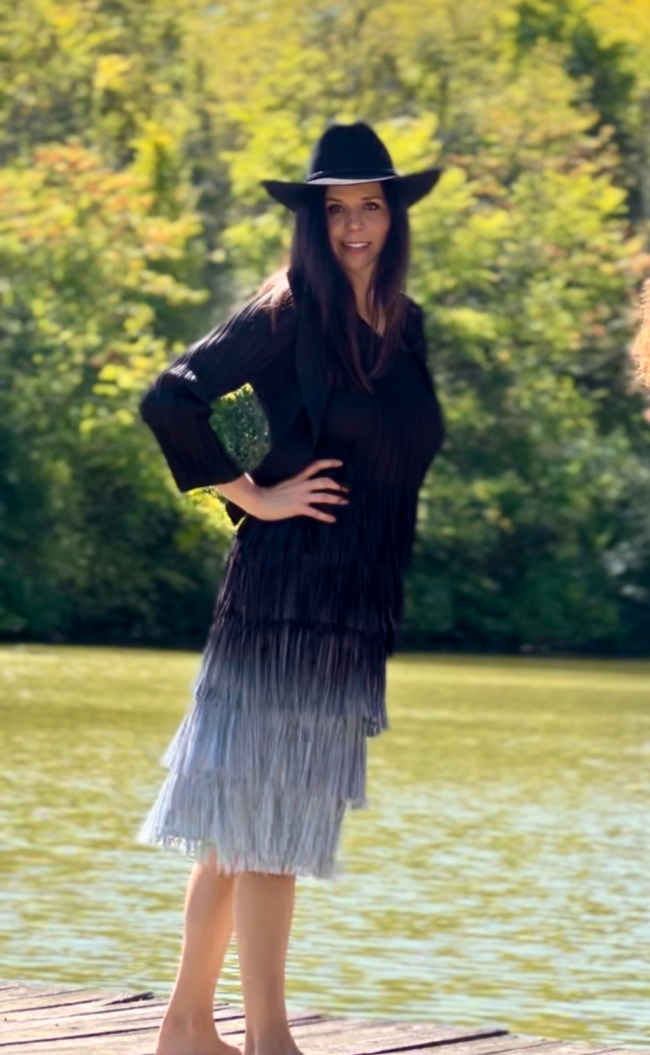 Pleating with fringe Dress set - Tiedye effect (Black)