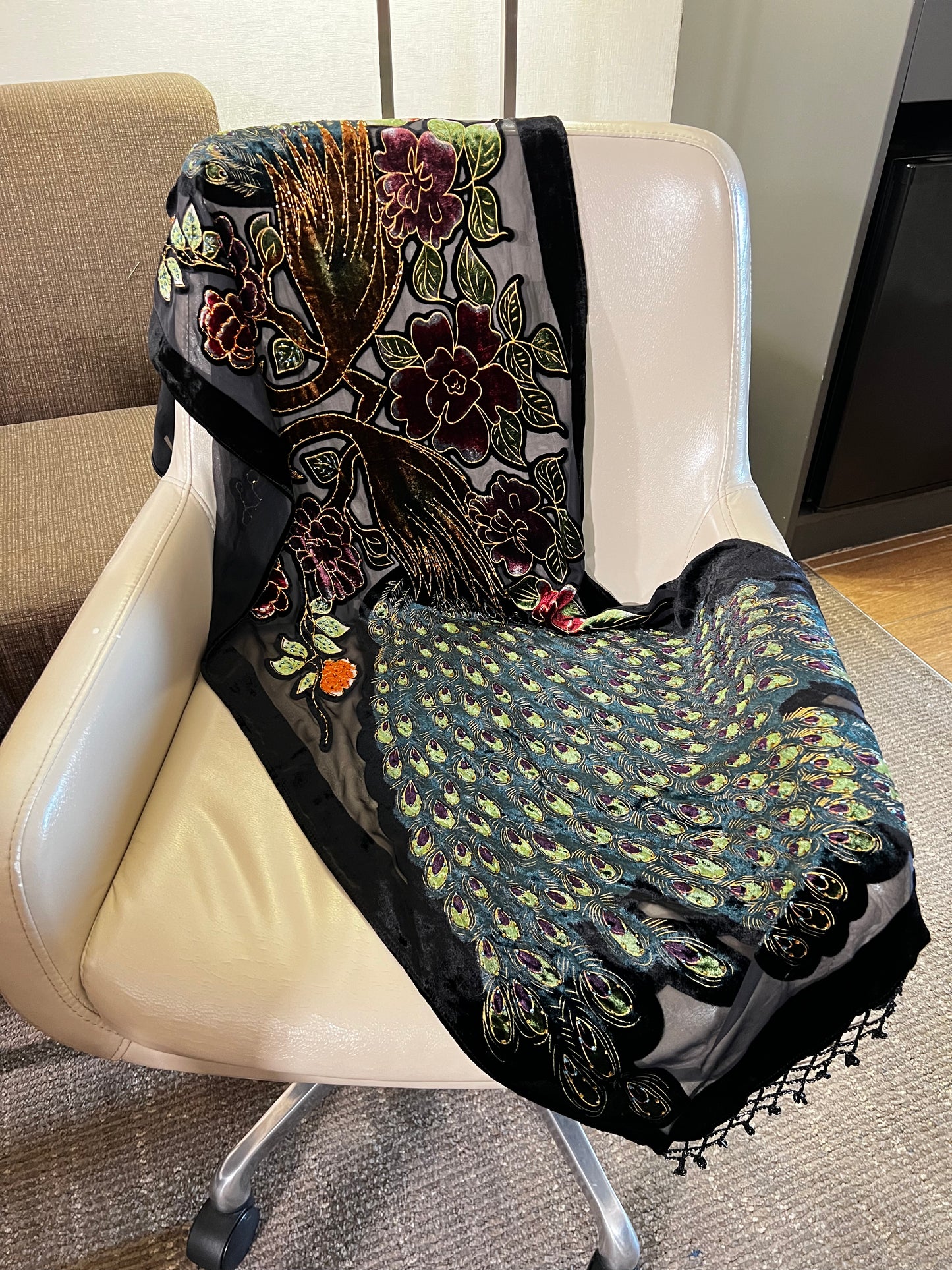 Peacock Velvet Burnout hand beaded shawl (Black)