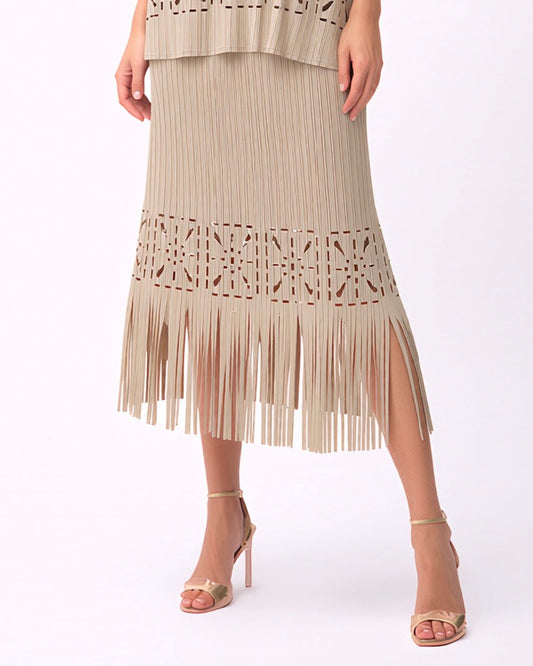Pleated Cutout Skirt with Fringe - Sand