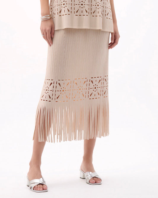 Pleated Cutout Skirt with Fringe - Cream