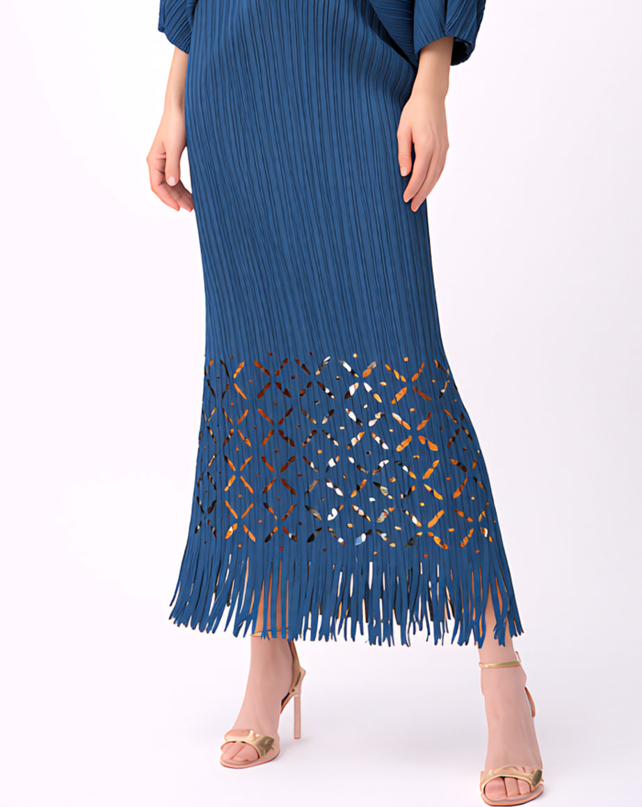 Pleated Cutout Dress with Fringe - TEAL