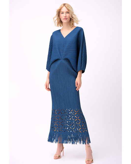 Pleated Cutout Dress with Fringe - TEAL