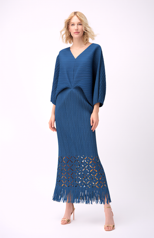 Ellyndale Pleated Cutout Dress with Fringe - TEAL