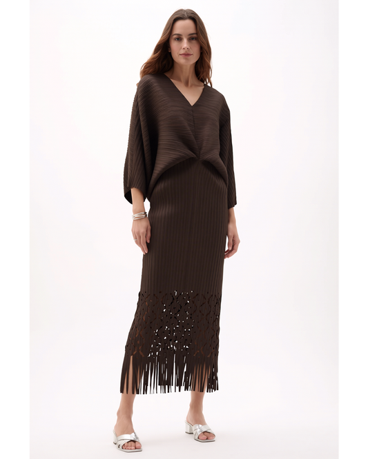 Pleated Cutout Dress with Fringe - Khaki