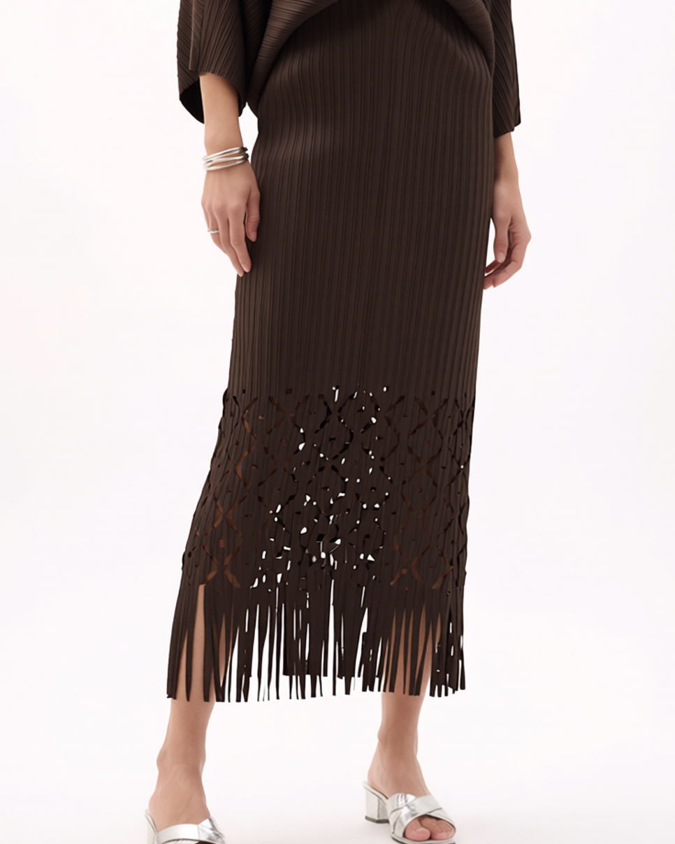 Ellyndale Pleated Cutout Dress with Fringe - Khaki