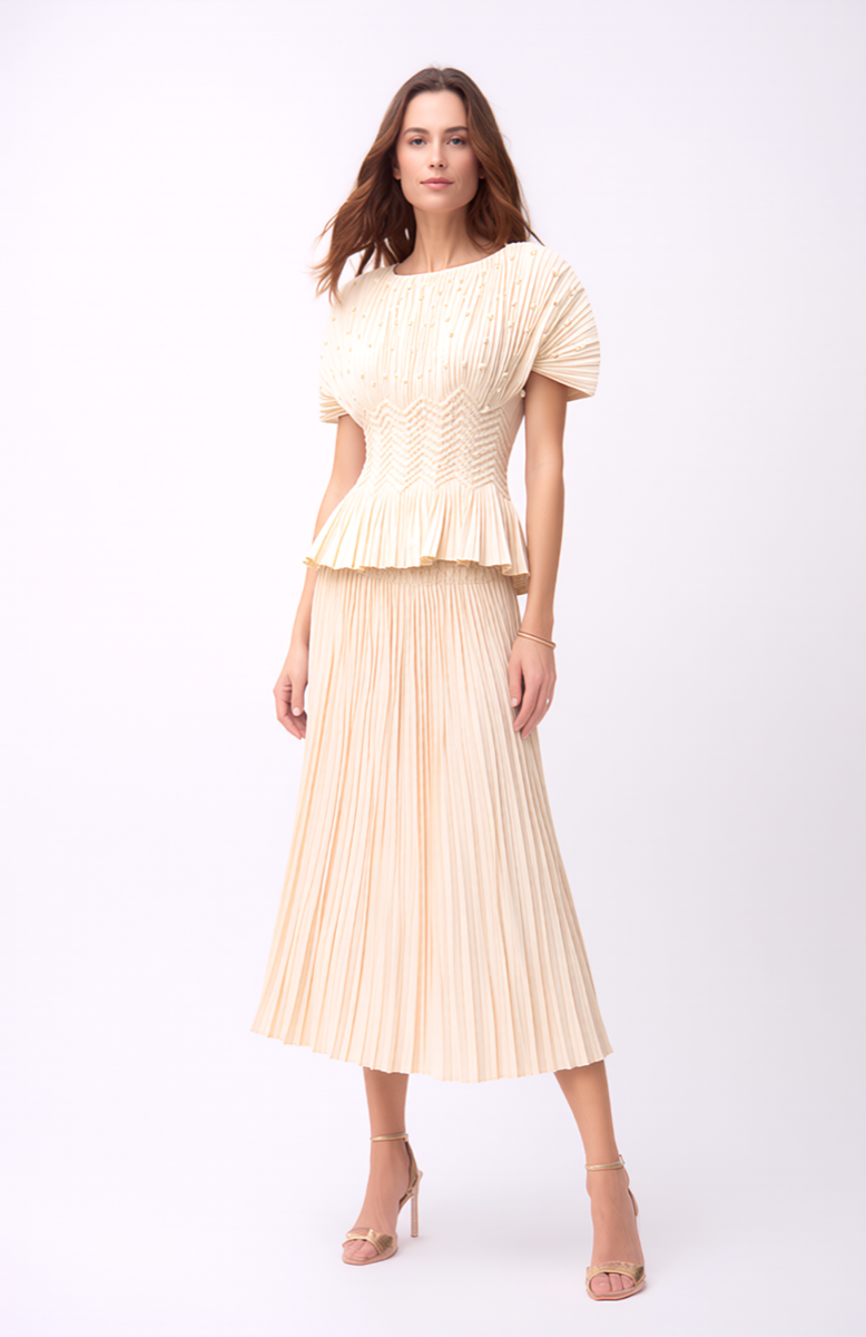 Pleated Chanel look mock pockets skirt (Apricot)