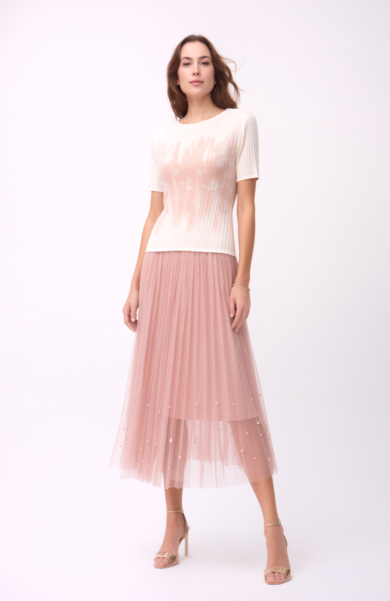 Pleated short sleeves top with print (white/Pink)