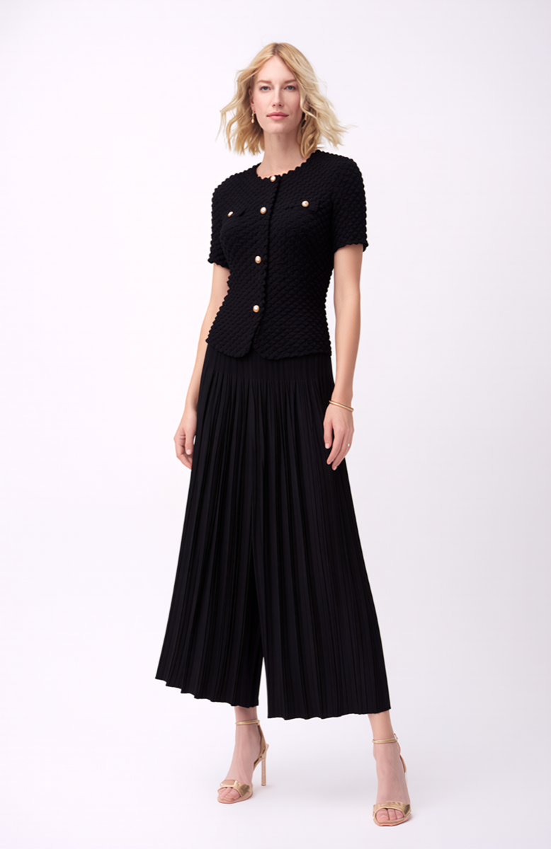 Pleated Chanel look mock jacket top with buttons ( Black )
