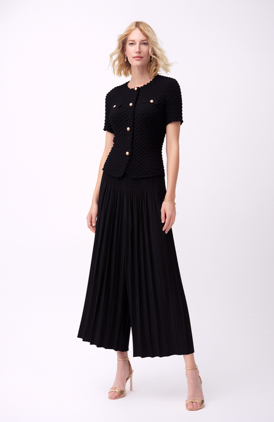 Pleated Chanel look mock jacket top with buttons ( Black )