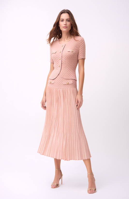 Pleated Chanel look mock jacket top with buttons ( Pink )