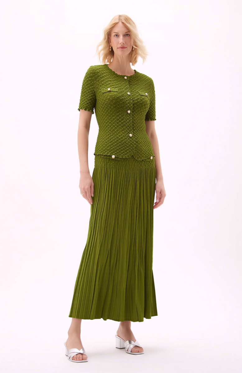 Pleated Chanel look mock jacket top with buttons ( Green)