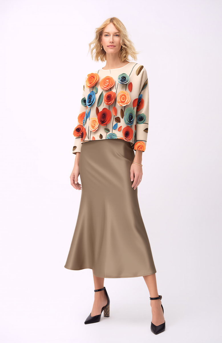 Pleated Rose print Long sleeves Top ( Apricot)