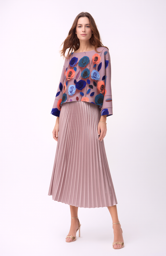 Pleated Rose print Long sleeves Top ( Lilac)