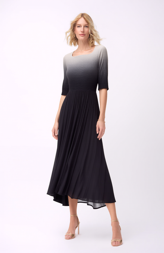 Pleated dress with 3/4 sleeves Ombre effect (Black)