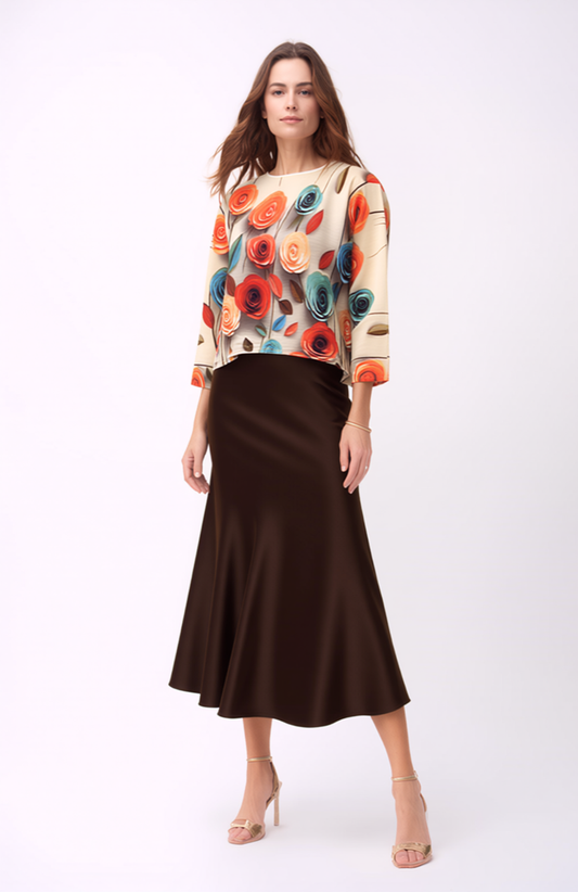 Pleated Rose print Long sleeves Top ( Apricot)