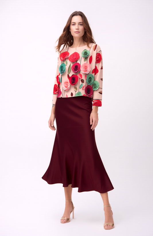 Pleated Rose print Long sleeves Top ( Pink)