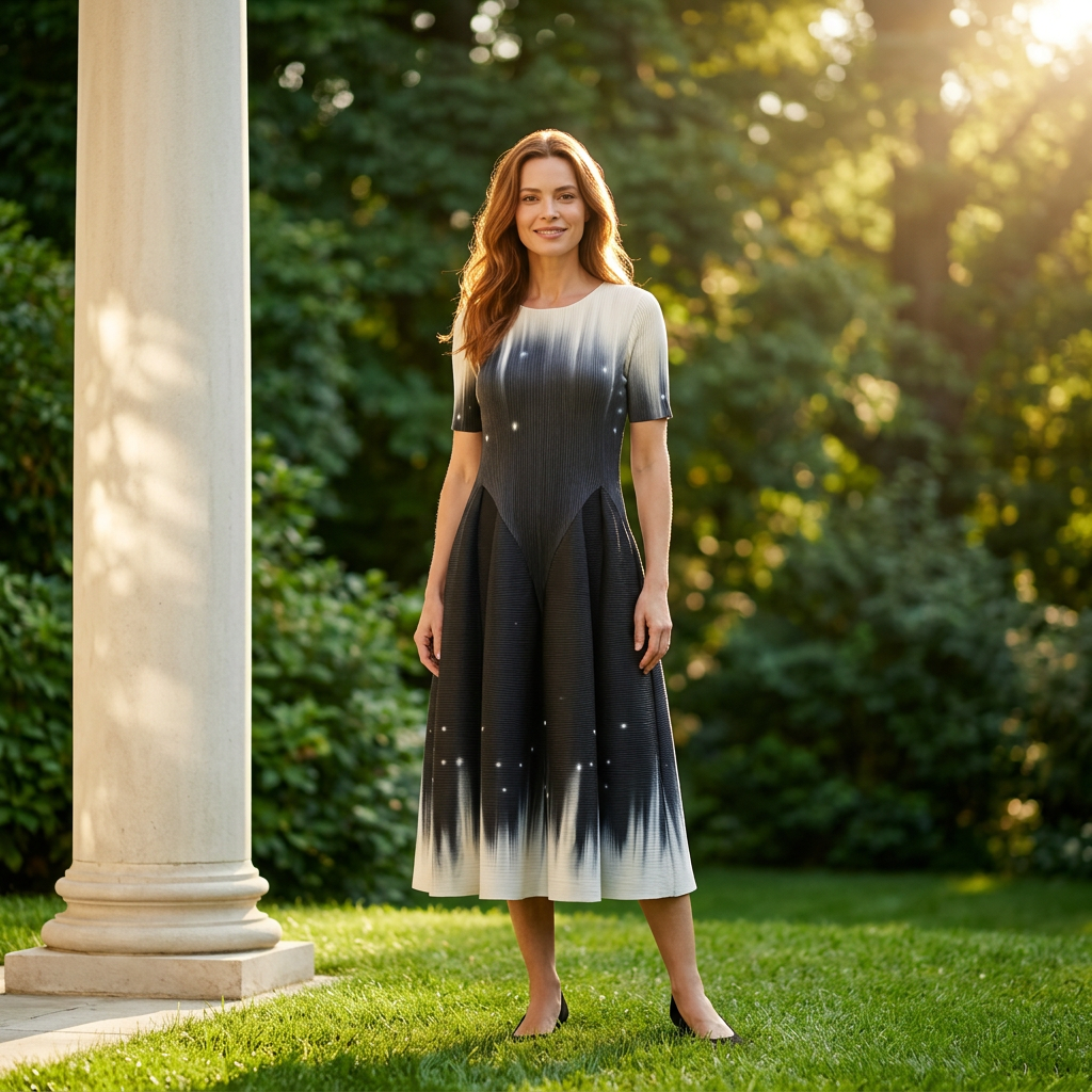 Pleated Short Sleeve Tulip Ombre Dress- Navy Stardust Ombre
