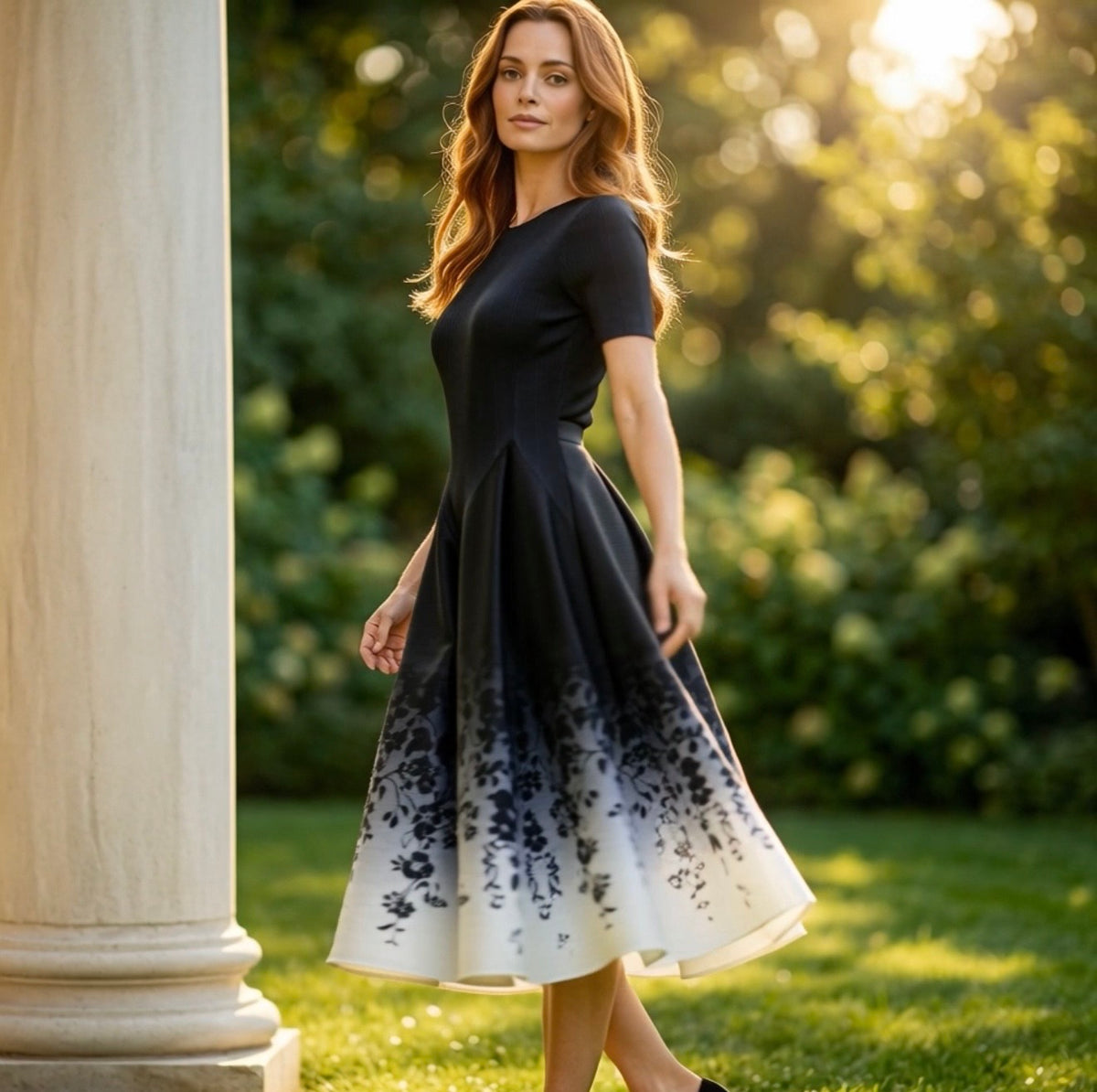 Pleated Short Sleeve Tulip Ombre Dress- Black Floral Ombre