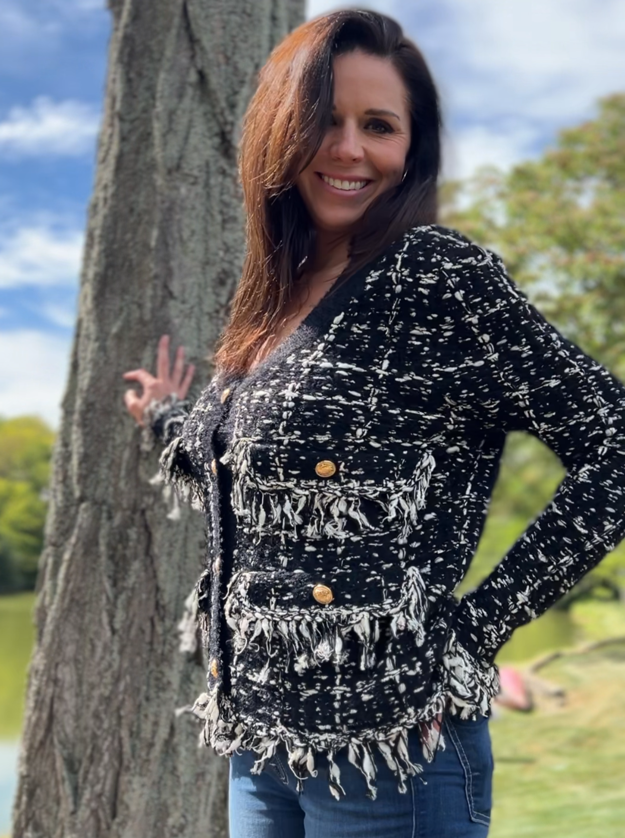 Black and sales white sweater jacket