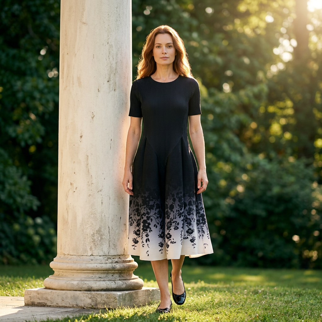 Pleated Short Sleeve Tulip Ombre Dress- Black Floral Ombre