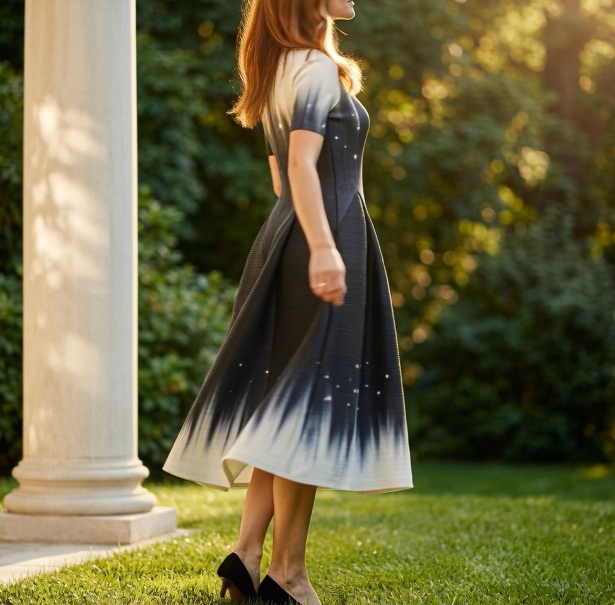 Pleated Short Sleeve Tulip Ombre Dress- Navy Stardust Ombre