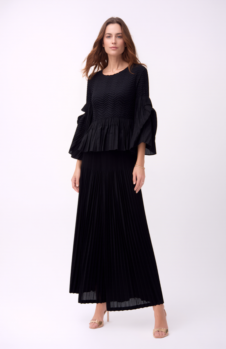 Pleated blouse top with flared sleeves & sweep (Black)