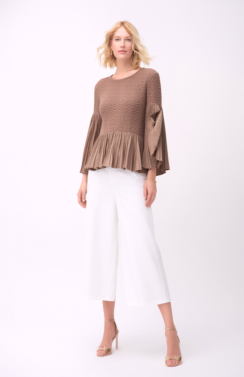 Pleated blouse top with flared sleeves & sweep (Mocha)