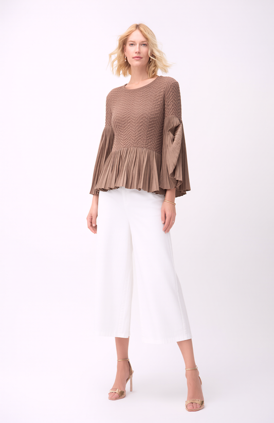 Pleated blouse top with flared sleeves & sweep (Mocha)
