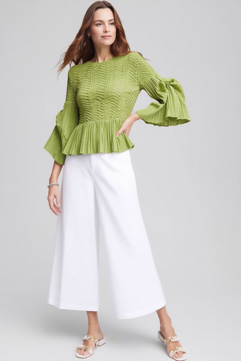 Pleated blouse top with flared sleeves & sweep (Green)
