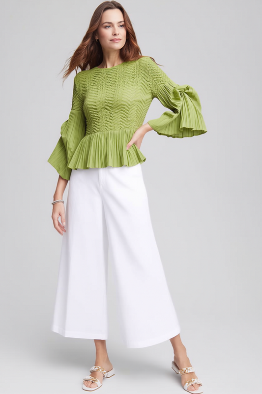 Pleated blouse top with flared sleeves & sweep (Green)