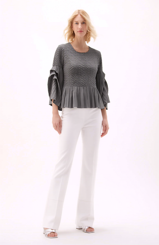 Pleated blouse top with flared sleeves & sweep (Grey)