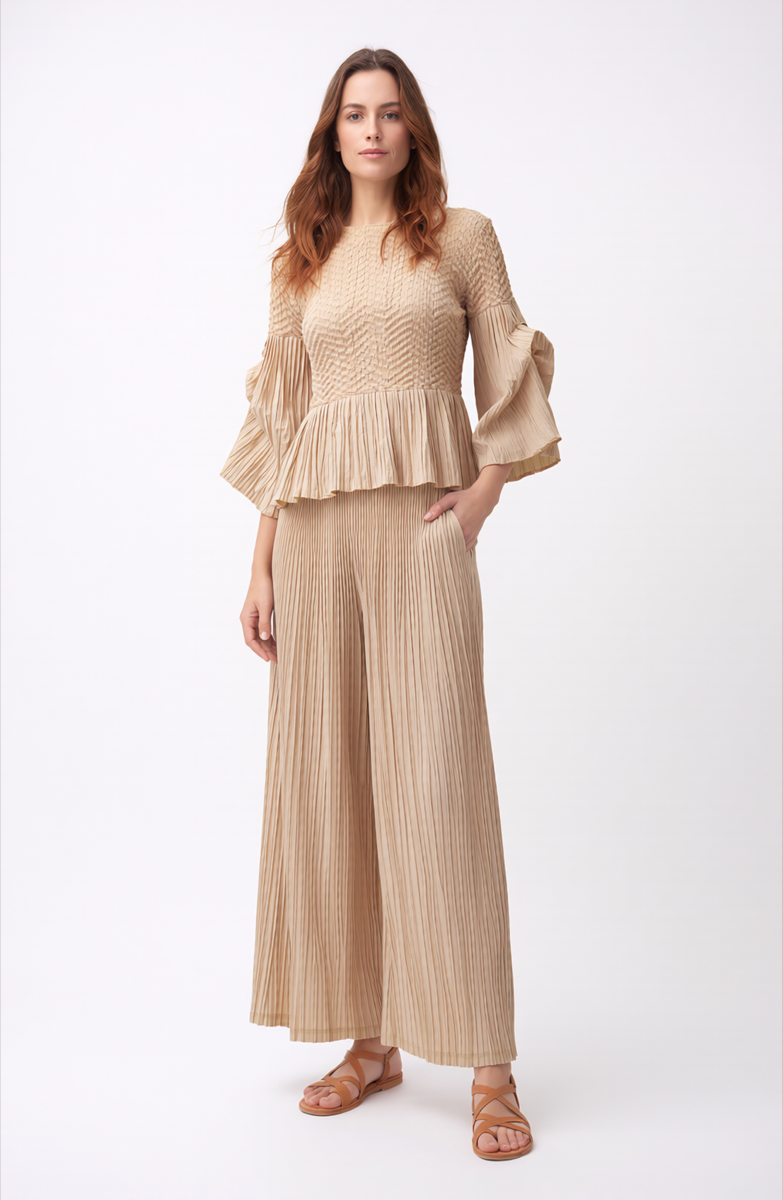 Pleated blouse top with flared sleeves & sweep (Apricot)