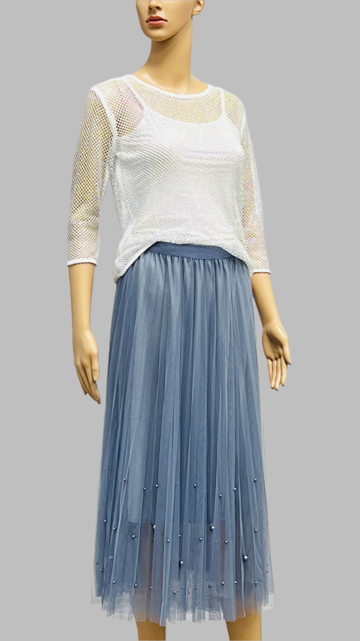 Fairy pleating mesh Skirt with vary size Pearls at hem (Dusty Blue)