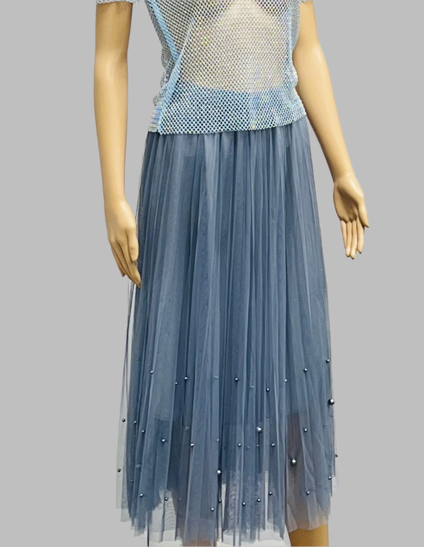 Fairy pleating mesh Skirt with vary size Pearls at hem (Dusty Blue)