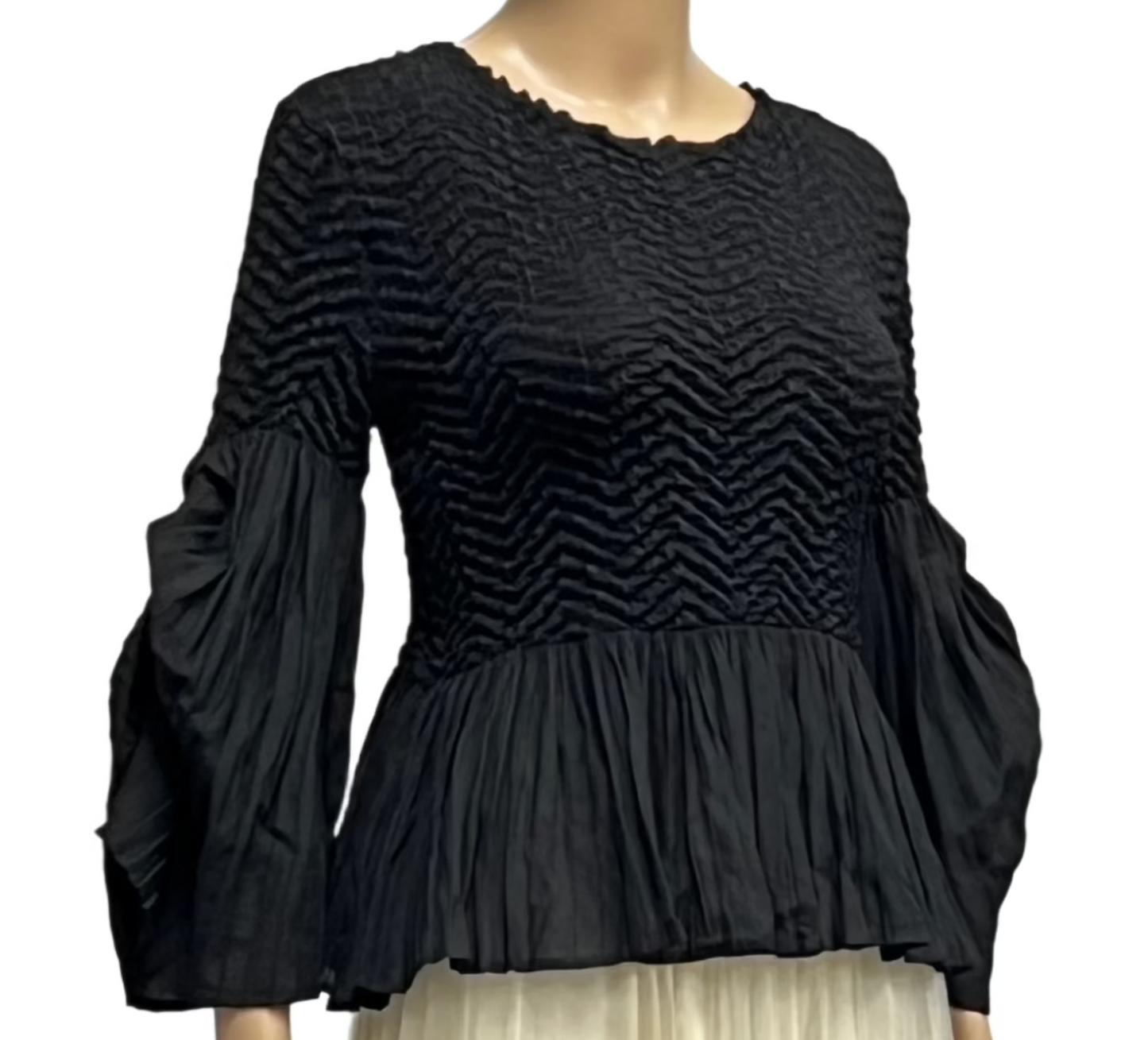 Pleated blouse top with flared sleeves & sweep (Black)