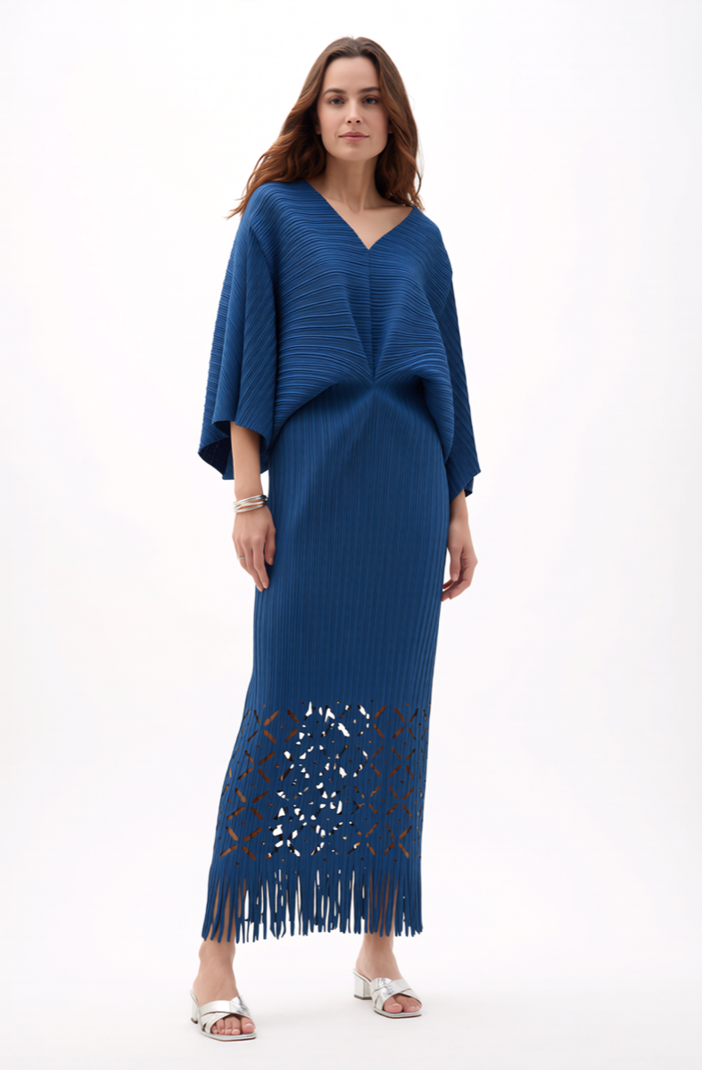 Pleated Cutout Dress with Fringe - TEAL