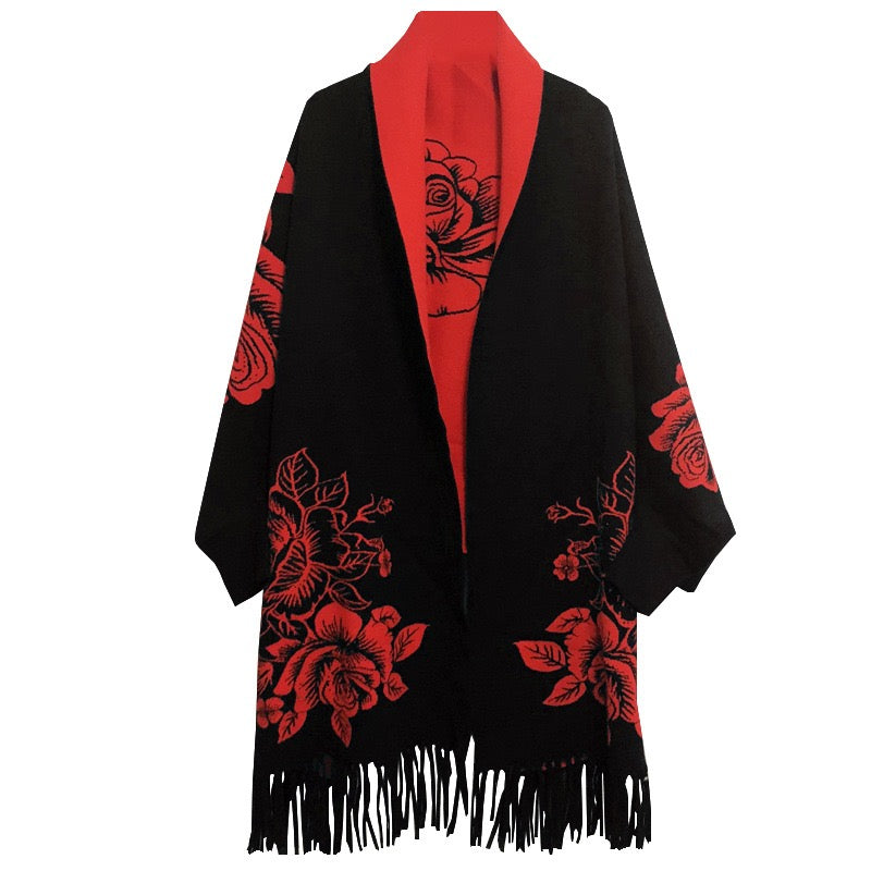 Reversible Peony Jacquard shawl with Arm Openings- Pink/Khaki