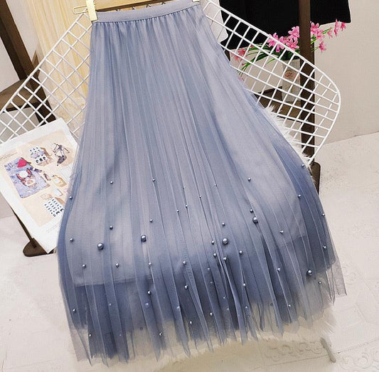 Fairy pleating mesh Skirt with vary size Pearls at hem (Dusty Blue)