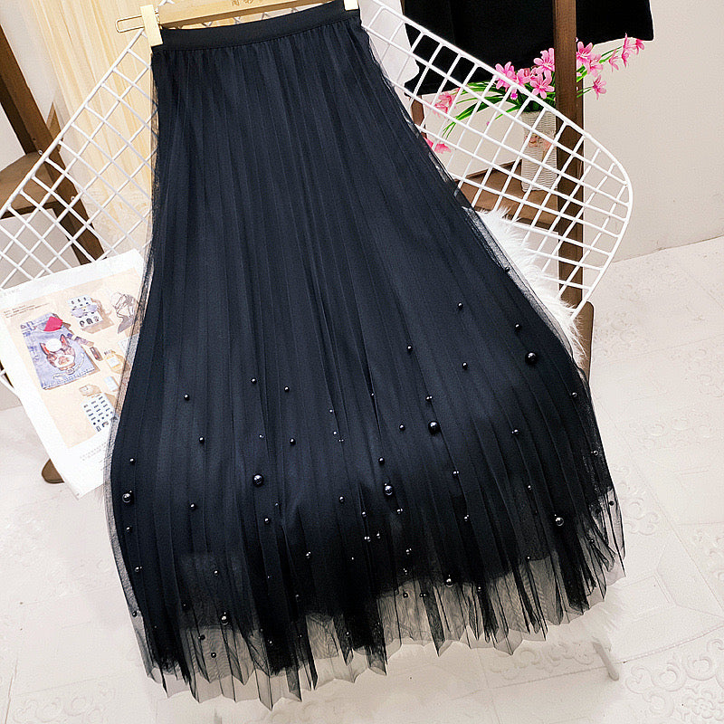 Fairy pleating mesh Skirt with vary size Pearls at hem (Black)