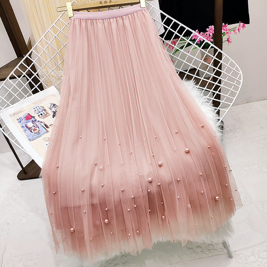 Fairy pleating mesh Skirt with vary size Pearls at hem (Pink)