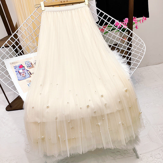 Fairy pleating mesh Skirt with vary size Pearls at hem (Cream)