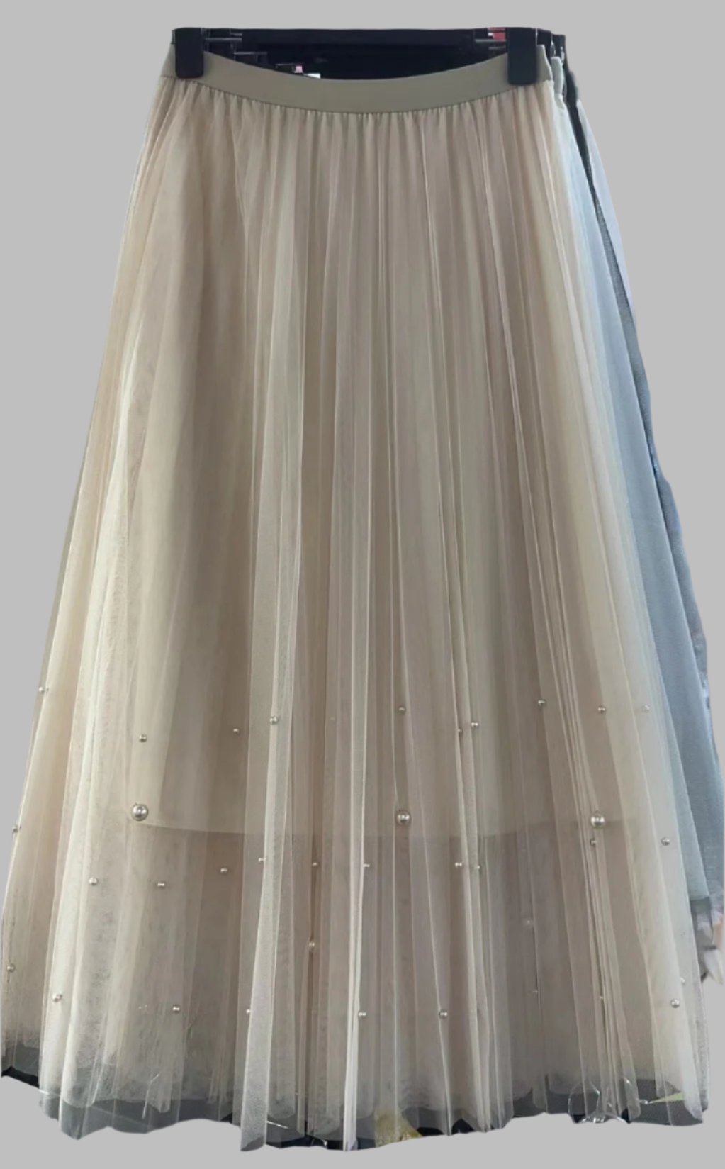 Fairy pleating mesh Skirt with vary size Pearls at hem (Oatmeal)