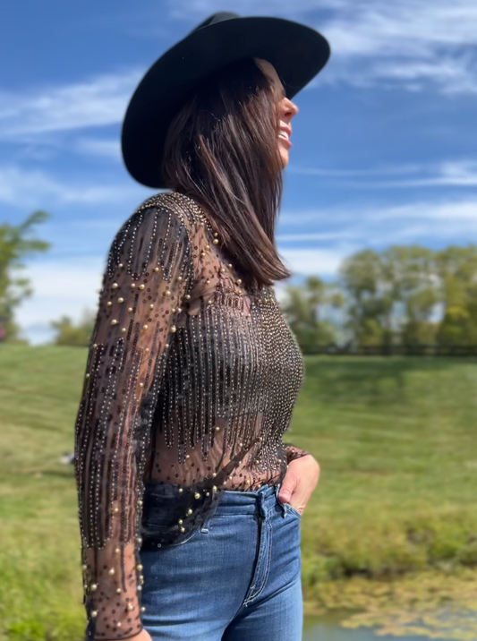 Beads&sequin embroidered on mesh long sleeve blouse (Black/Gold)
