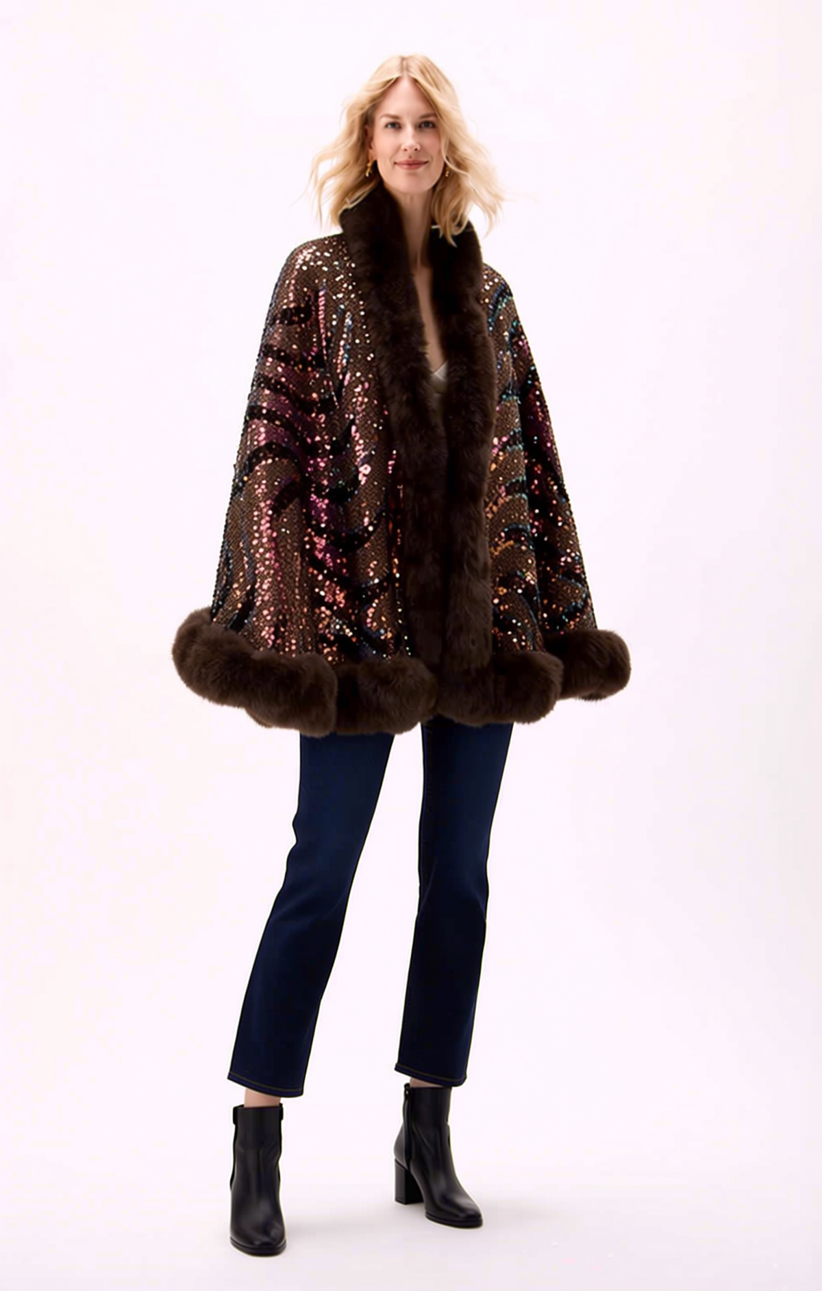 Faux Fur Sequin Cape with Animal Motif - Espresso